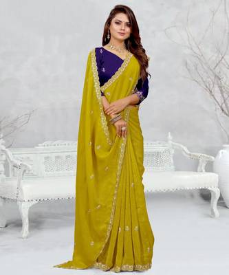lemon yellow color star georgette embroidered sarees 3