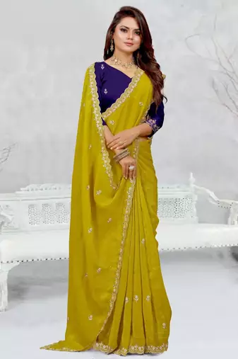 lemon yellow color star georgette embroidered sarees