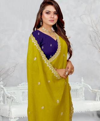 lemon yellow color star georgette embroidered sarees 4