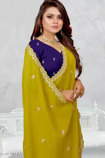 lemon yellow color star georgette embroidered sarees