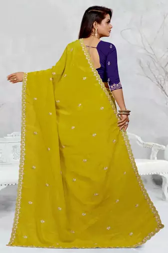 lemon yellow color star georgette embroidered sarees