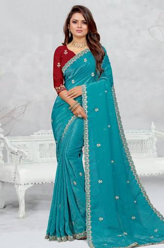 sky blue color star georgette embroidered sarees