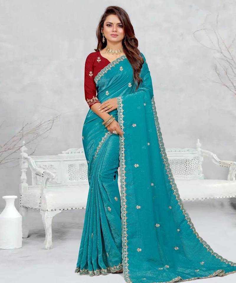 sky blue color star georgette embroidered sarees