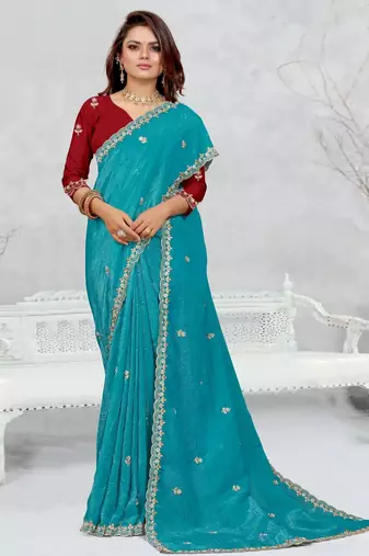sky blue color star georgette embroidered sarees