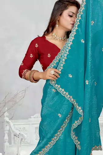 sky blue color star georgette embroidered sarees