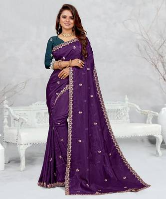 purple color star georgette embroidered sarees 1