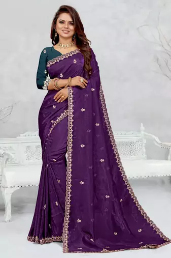 purple color star georgette embroidered sarees