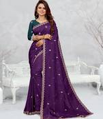 purple color star georgette embroidered sarees