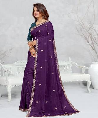 purple color star georgette embroidered sarees 2