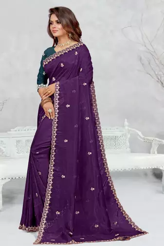 purple color star georgette embroidered sarees
