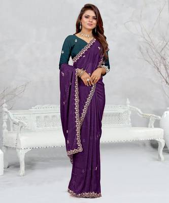 purple color star georgette embroidered sarees 3