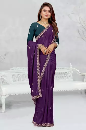 purple color star georgette embroidered sarees