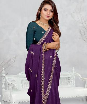purple color star georgette embroidered sarees 4