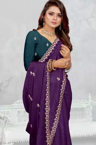 purple color star georgette embroidered sarees