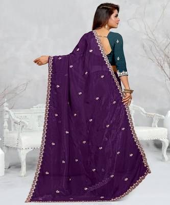 purple color star georgette embroidered sarees 5