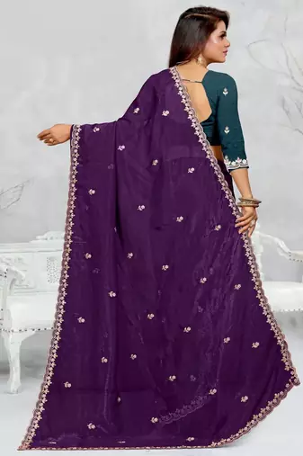 purple color star georgette embroidered sarees