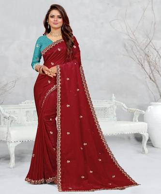 maroon color star georgette embroidered sarees 1