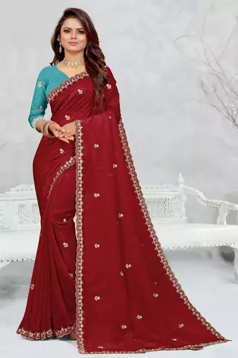 maroon color star georgette embroidered sarees