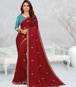 maroon color star georgette embroidered sarees