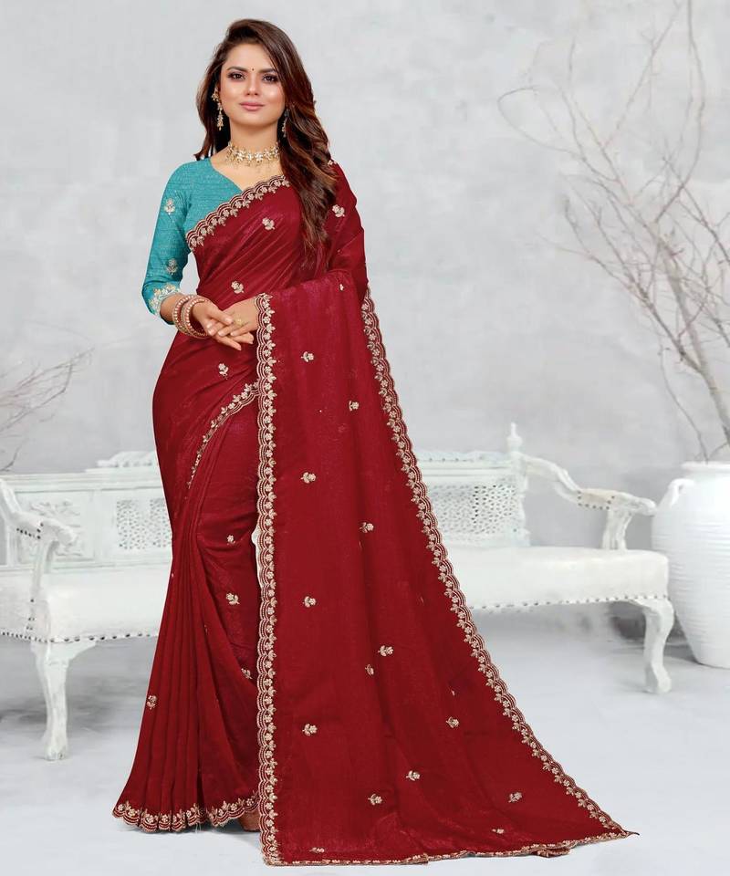 maroon color star georgette embroidered sarees