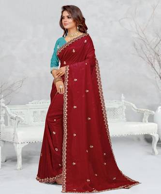 maroon color star georgette embroidered sarees 2