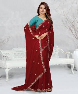 maroon color star georgette embroidered sarees 3