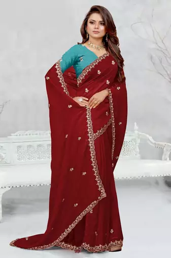 maroon color star georgette embroidered sarees
