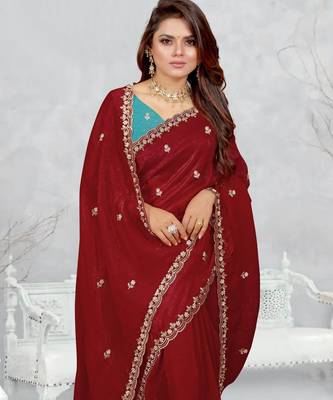 maroon color star georgette embroidered sarees 4