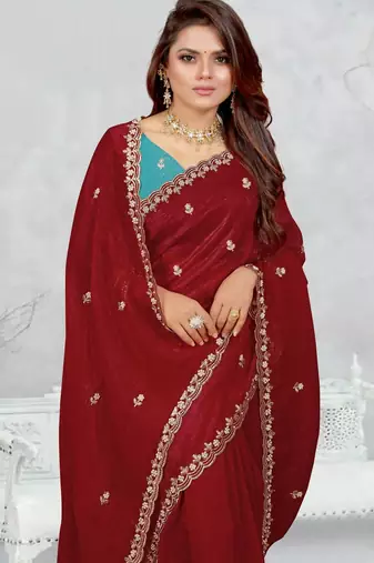 maroon color star georgette embroidered sarees