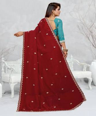 maroon color star georgette embroidered sarees 5
