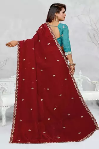 maroon color star georgette embroidered sarees