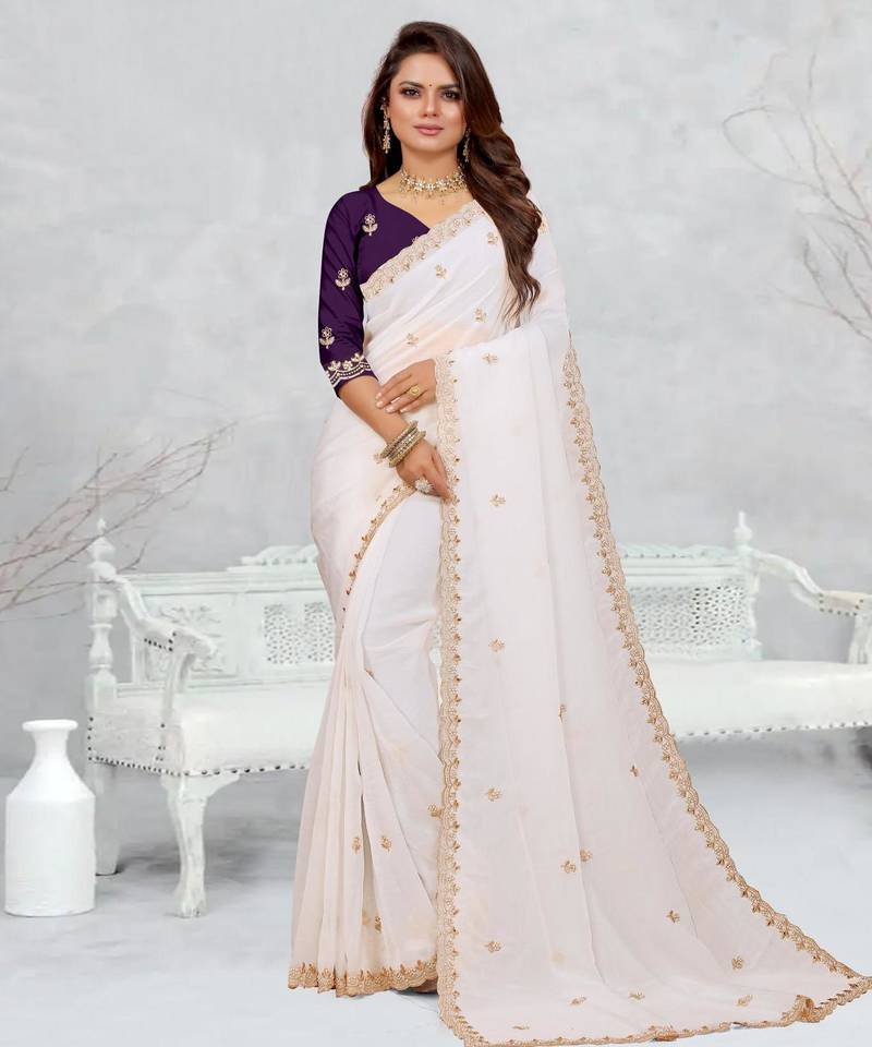 white color star georgette embroidered sarees