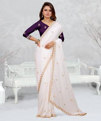 white color star georgette embroidered sarees 3