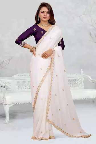 white color star georgette embroidered sarees