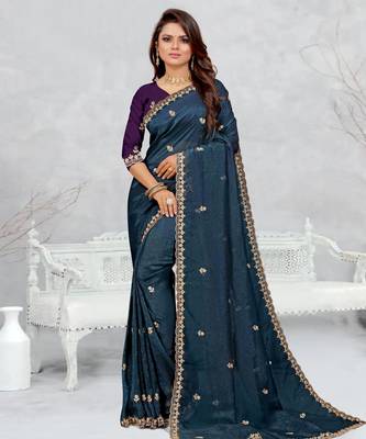 teal blue color star georgette embroidered sarees 1