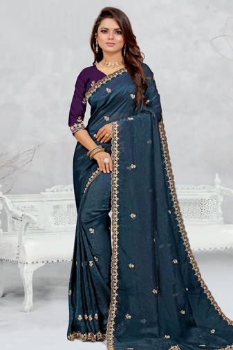 teal blue color star georgette embroidered sarees