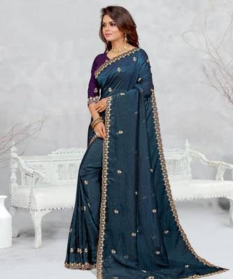 teal blue color star georgette embroidered sarees 2