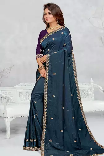 teal blue color star georgette embroidered sarees
