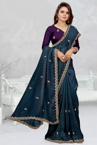 teal blue color star georgette embroidered sarees