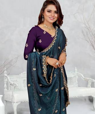 teal blue color star georgette embroidered sarees 4