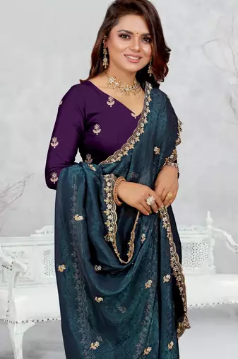 teal blue color star georgette embroidered sarees