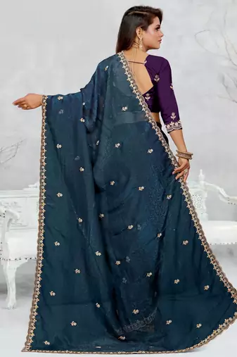 teal blue color star georgette embroidered sarees