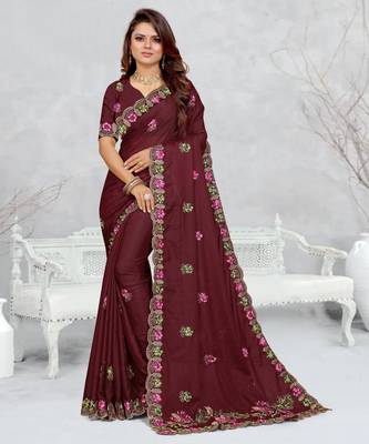 brown color star georgette embroidered sarees 1
