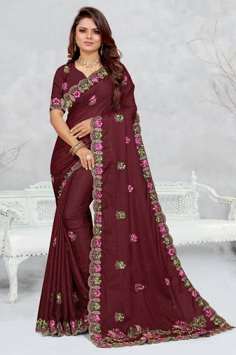 brown color star georgette embroidered sarees