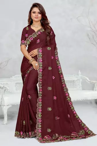 brown color star georgette embroidered sarees