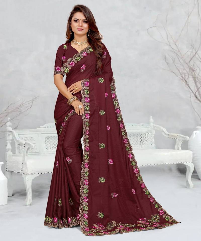 brown color star georgette embroidered sarees