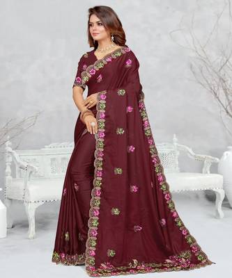 brown color star georgette embroidered sarees 2