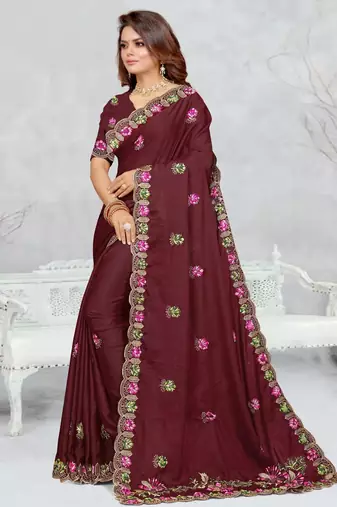 brown color star georgette embroidered sarees
