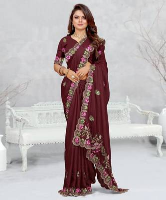 brown color star georgette embroidered sarees 3