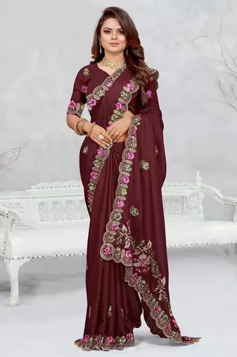 brown color star georgette embroidered sarees